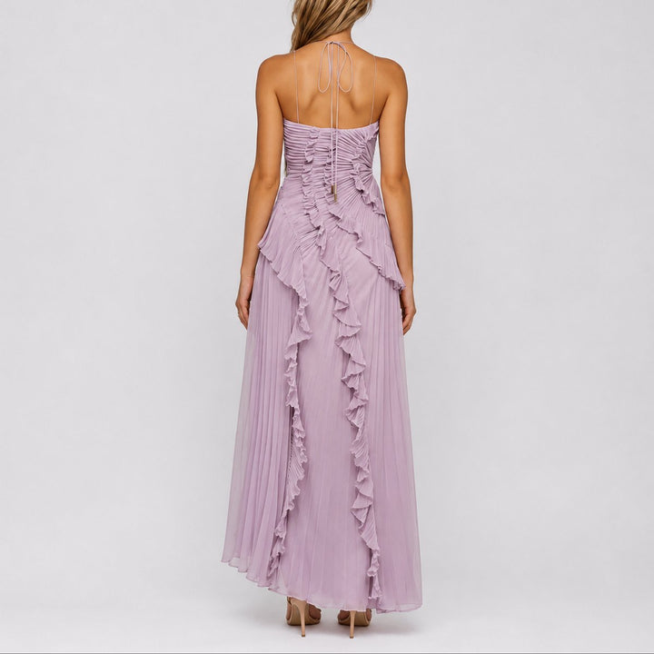 Luna | Stylish Fall Wedding Pleated Halter Maxi Dress