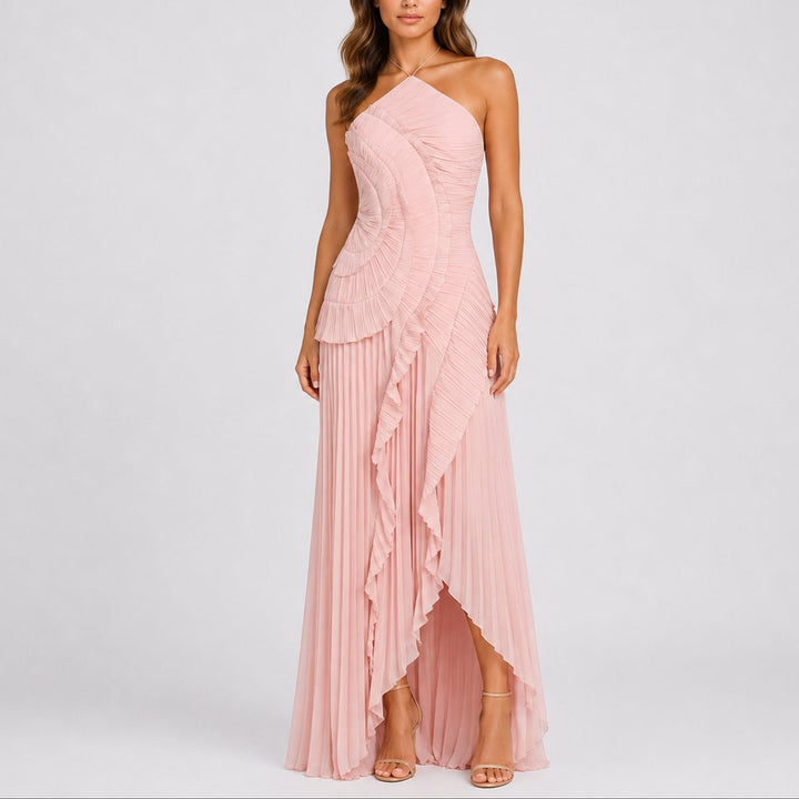 Luna | Stylish Fall Wedding Pleated Halter Maxi Dress