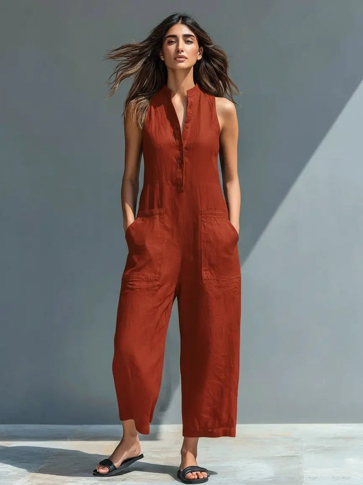Alara | Linen Button-Up Jumpsuit – Elegant Sleeveless Style for Women