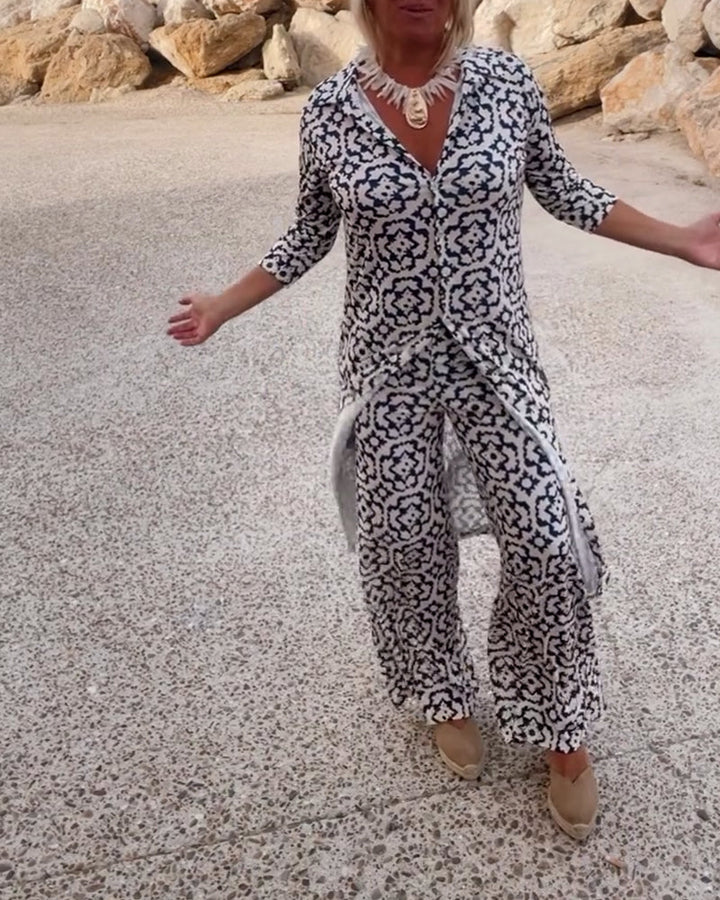 Olivia | Printed V-Neck Tunic Top And Wide Leg Trousers Set
