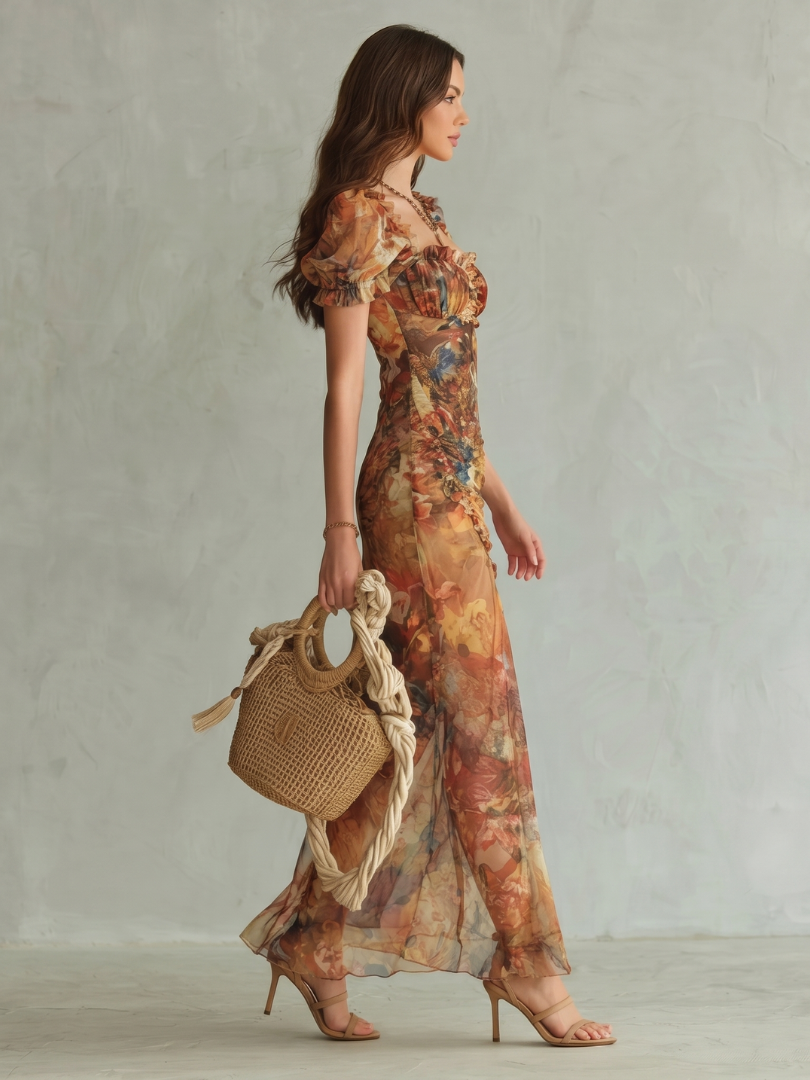 Ciel | Ruched Midi Dress – Elegant Ruffled Sleeve Style