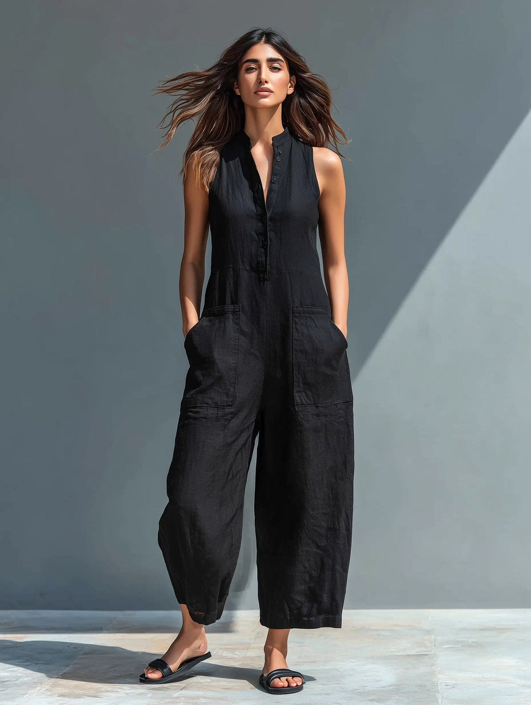 Alara | Linen Button-Up Jumpsuit – Elegant Sleeveless Style for Women