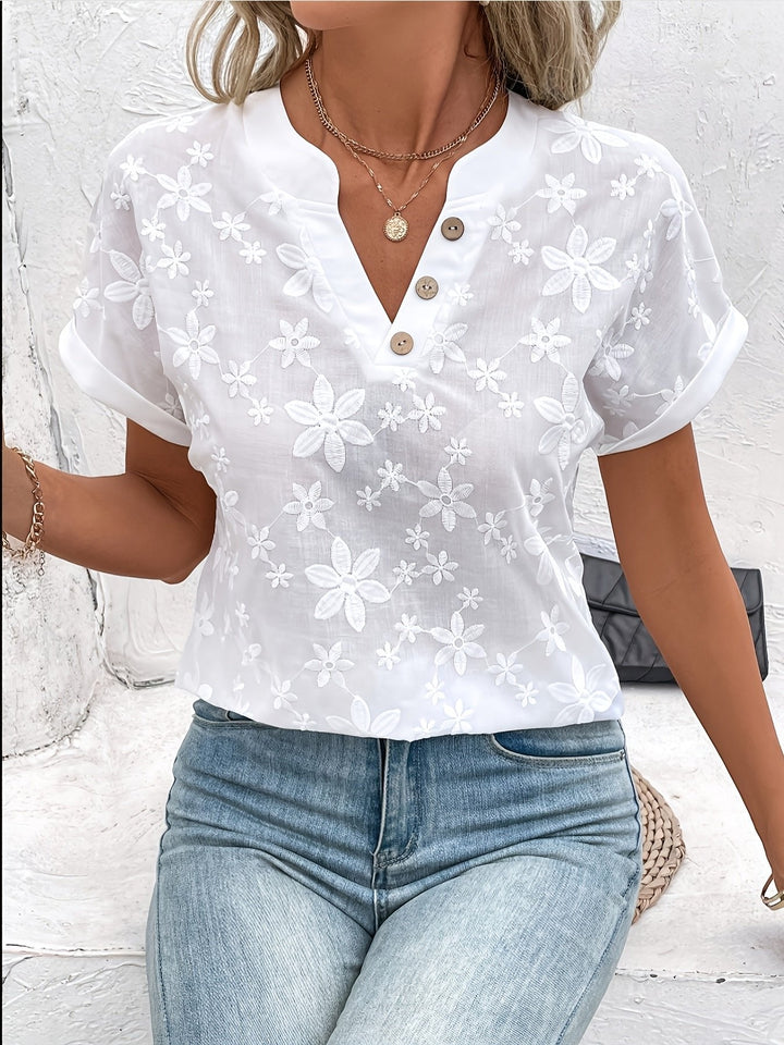 Whitney | Floral Embroidered V-Neck Blouse in White