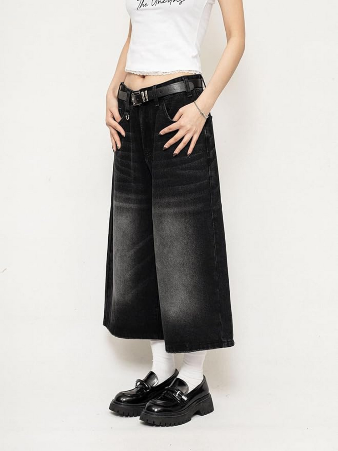 Maya | Retro-Jeans-Culotte mit weitem Bein und Used-Look