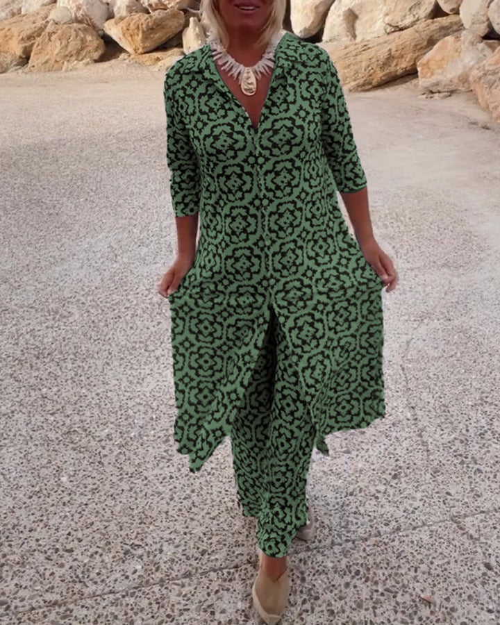 Olivia | Printed V-Neck Tunic Top And Wide Leg Trousers Set