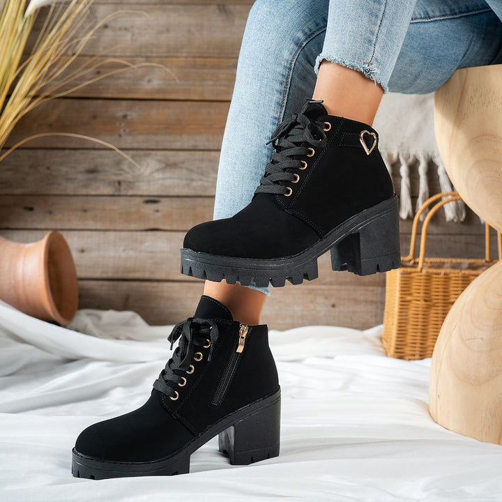 Leona | Charming Heart-Hardware Lace-Up Ankle Boots
