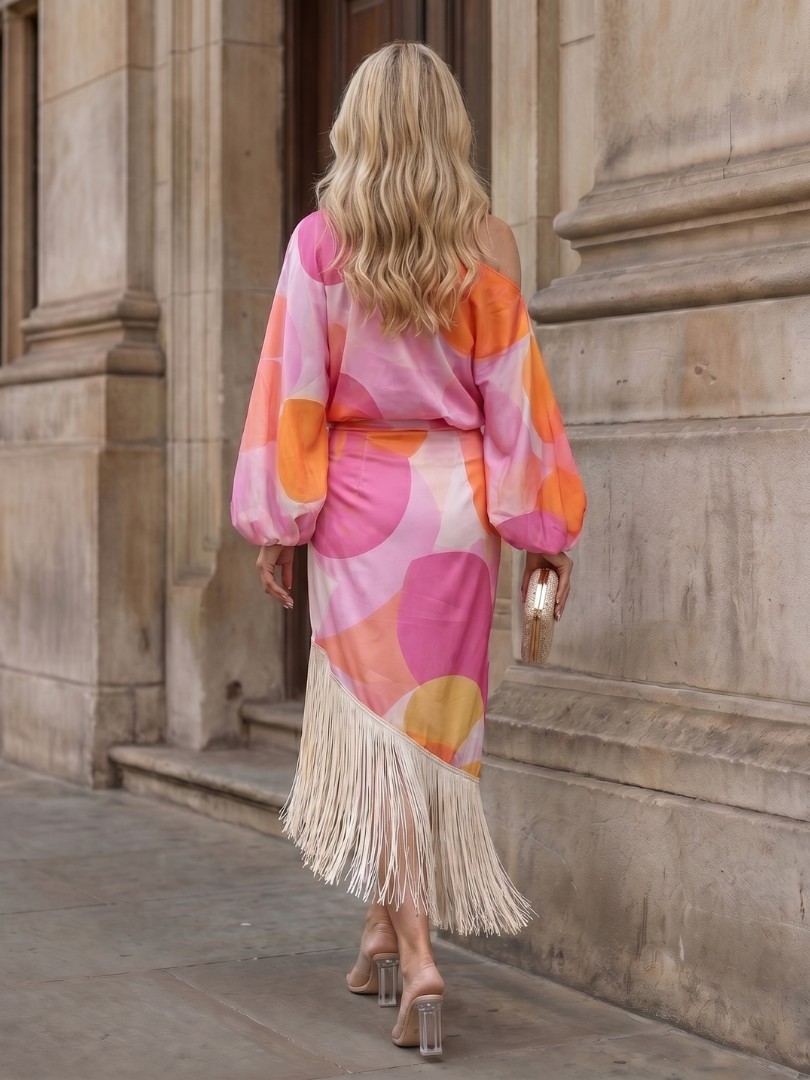 Koda | Midi Dress – Abstract Print with Fringe Hem