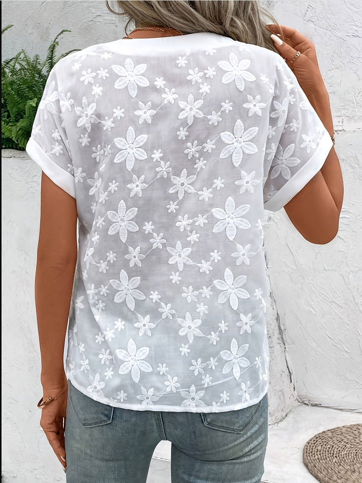 Whitney | Floral Embroidered V-Neck Blouse in White