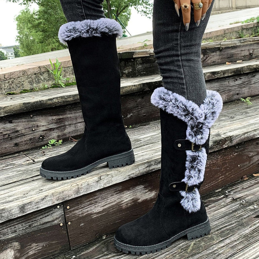 Fiona | Plush Fur-Trimmed Buckle Knee High Boots