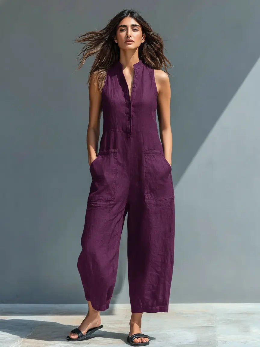 Alara | Linen Button-Up Jumpsuit – Elegant Sleeveless Style for Women