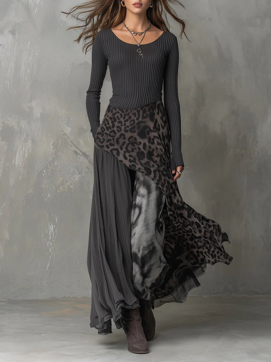 Evelyn | Schickes und trendiges Maxikleid mit Leopardenmuster und langen Ärmeln
