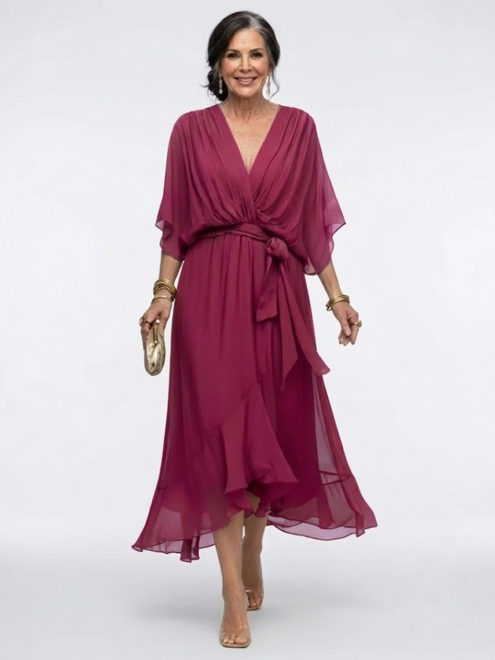 Elysia | Midi Dress – Elegant V Neck with Waist Tie