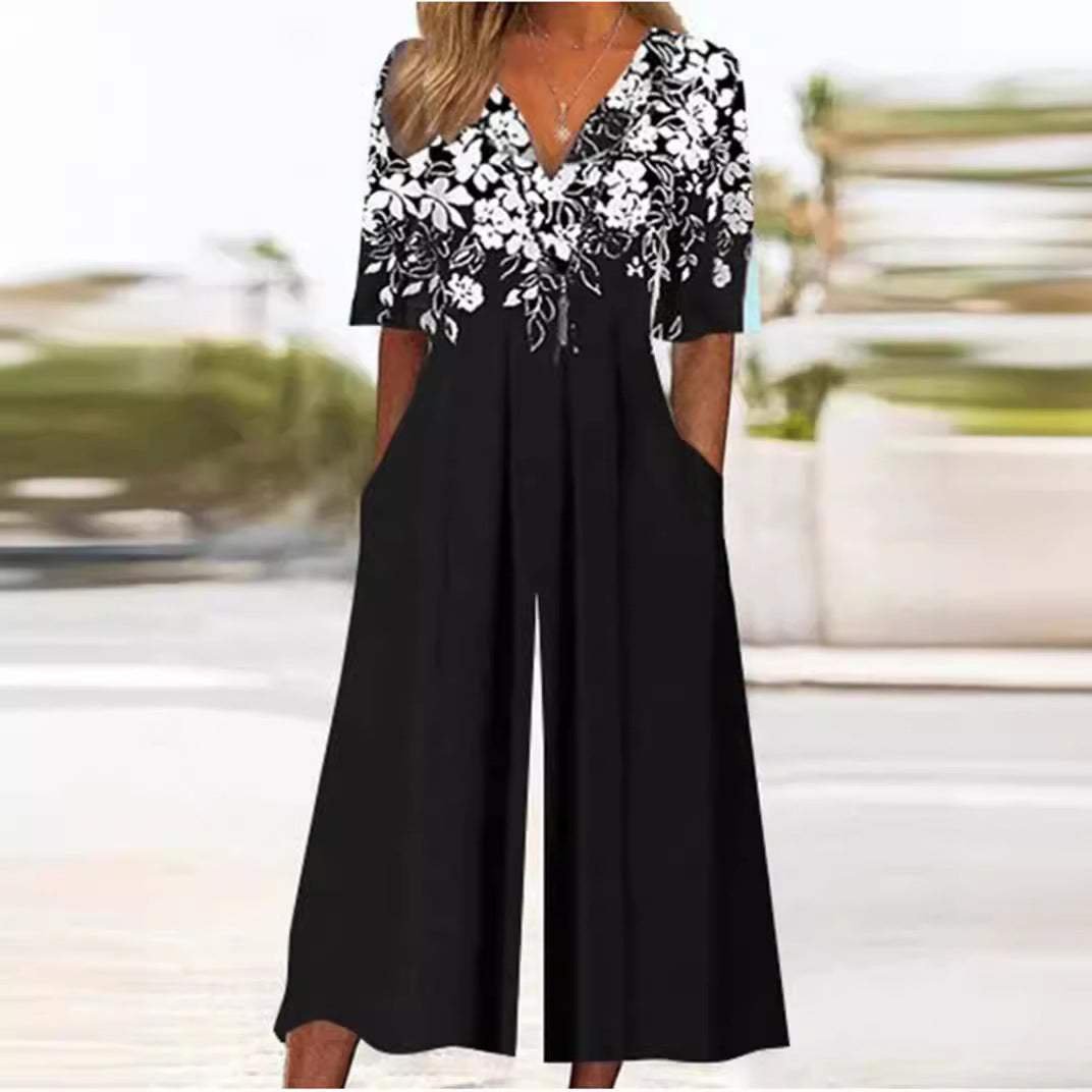 Annika | Boho Jumpsuit – V-Neck Floral Design for Women