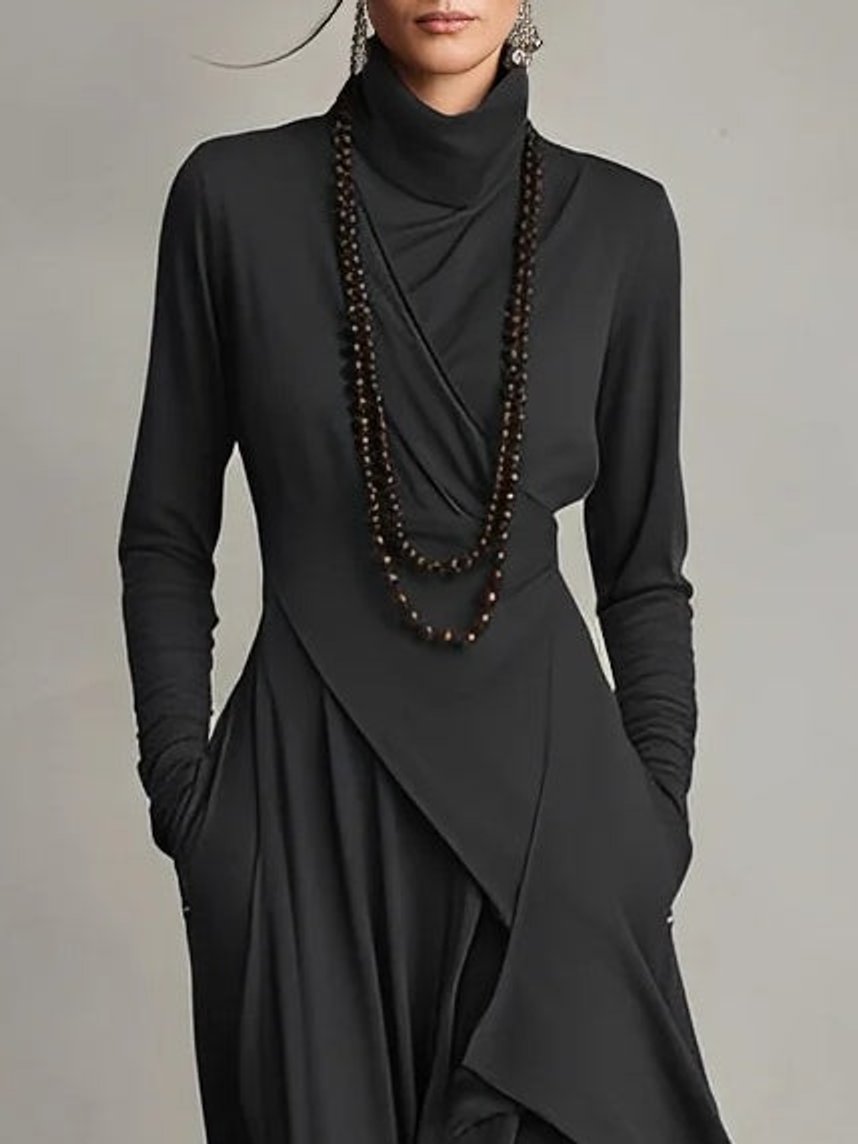 Isabella | Stylish Asymmetrical Roll-Collar Long-Sleeved Maxi Dress