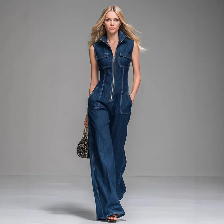 Isla | Tuta in denim a vita alta con gambe larghe
